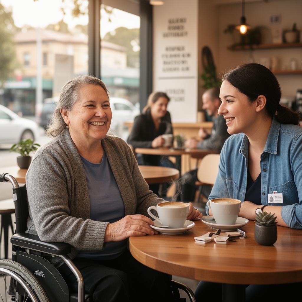 Support worker and participant smiling together over coffee.