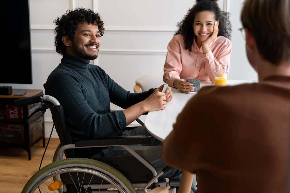 Support worker and participant sharing a warm moment together.